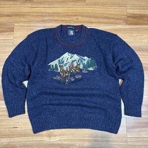 Knit Embroidered Deer Mountains Large Salty Dog Navy Sweater